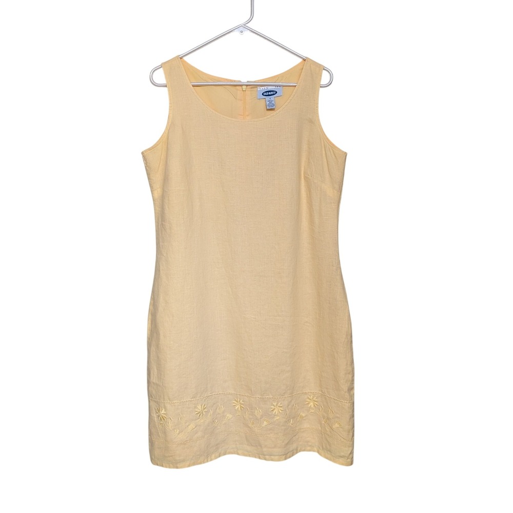 Y2K Vintage Old Navy Butter Yellow Linen Embroidered Sleeveless Dress Size 10